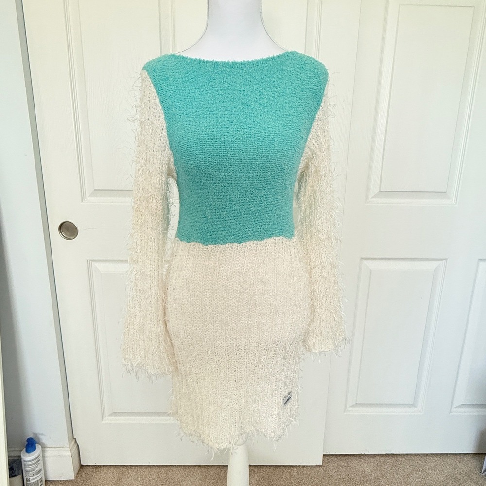 Vtg Antoine Akopian Knit Mini Dress Women Size XS Teal White Colorblock Fuzzy